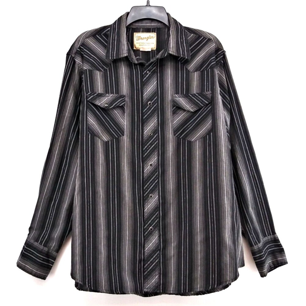 Wrangler Shirt Mens XL Black Striped Long Sleeve Pearl Snap Button Down Western
